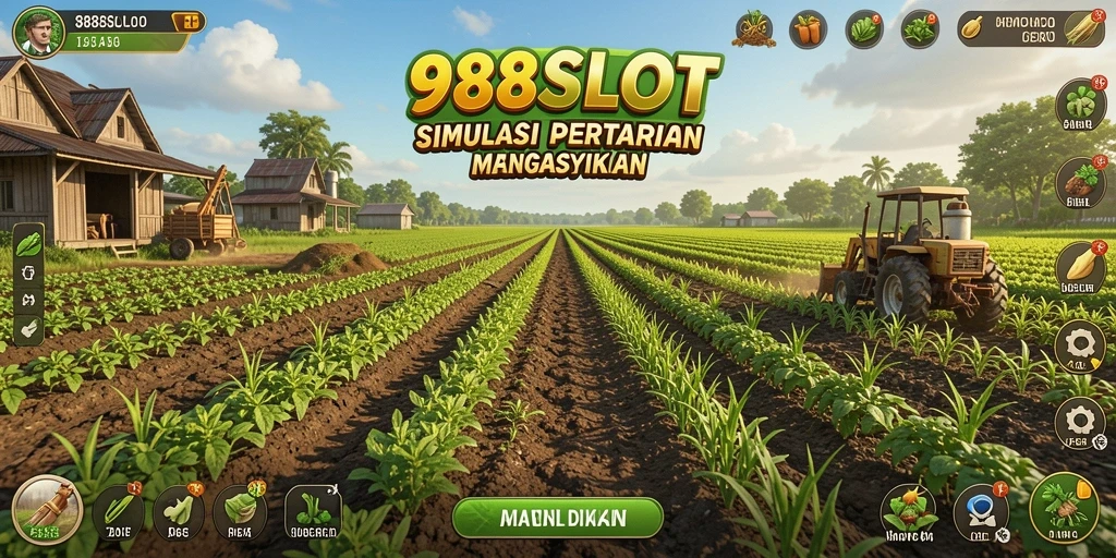 Gameplay 988SLOT menampilkan aktivitas seru bertani dan memanen hasil pertanian.