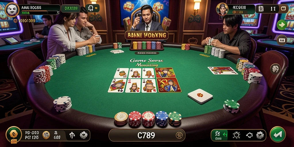 Tampilan utama gameplay C789 yang menampilkan suasana kasino Poker.