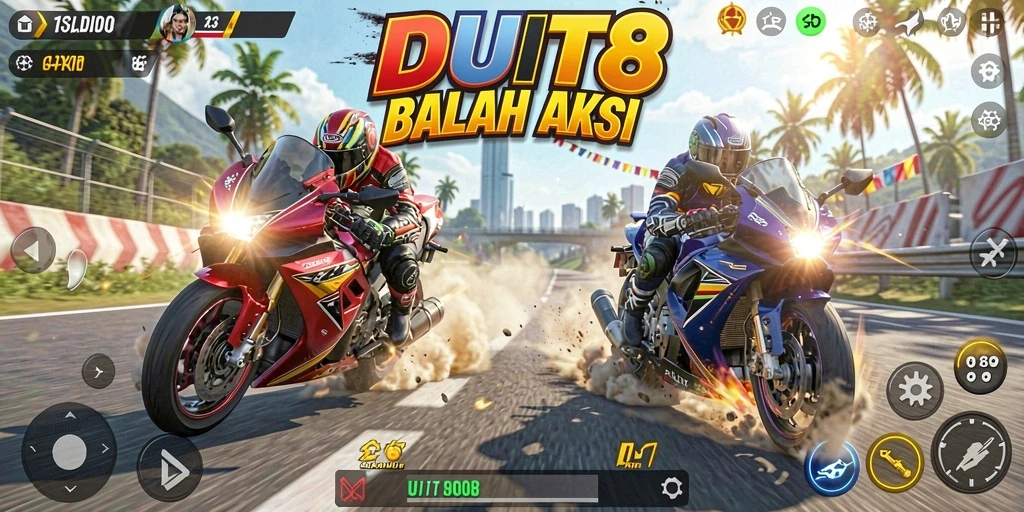Tangkapan layar gameplay DUIT8 menampilkan balapan motor seru di trek yang menantang.