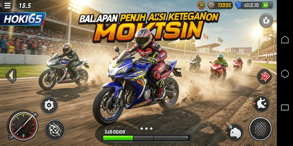 Tampilan gameplay seru di HOKI65 dengan motor balap yang cepat.
