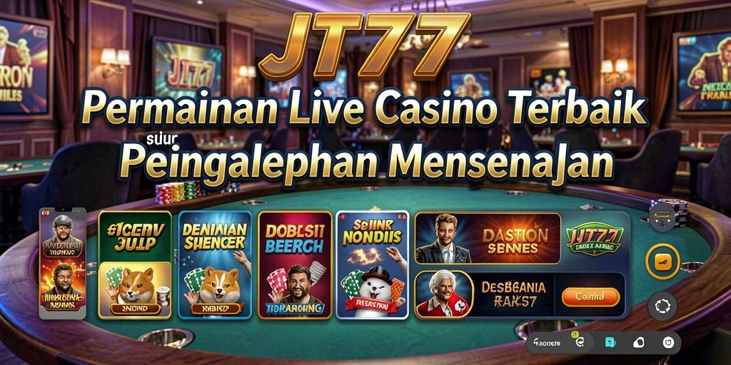 Screenshot gameplay JT777 menampilkan dealer langsung dan pemain yang berinteraksi.