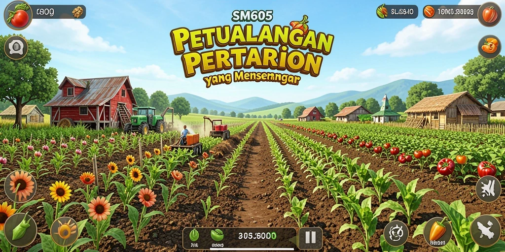 Gameplay menakjubkan dari SM605 yang menampilkan ladang yang subur dan beragam tanaman.