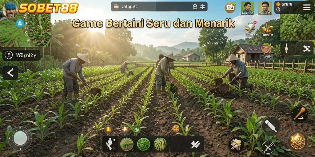 Gameplay SOBET88 menampilkan kebun yang penuh warna dan interaksi petani.