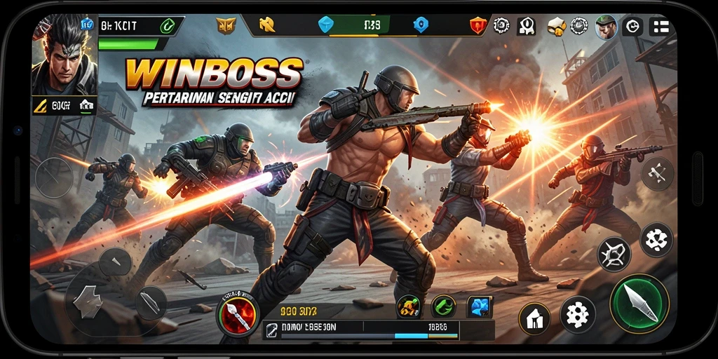 Tangkapan layar gameplay WINBOSS menampilkan aksi pertarungan yang mendebarkan.